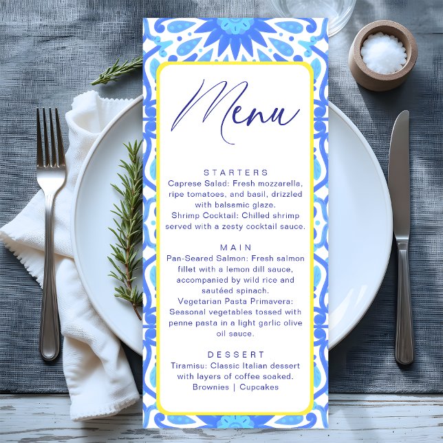 Menu Carrelage bleu italien Baby shower jaune minimal (Créateur téléchargé)