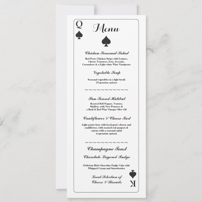 Menu Cartes à jouer Réception de Mariage As de Piq (Devant)