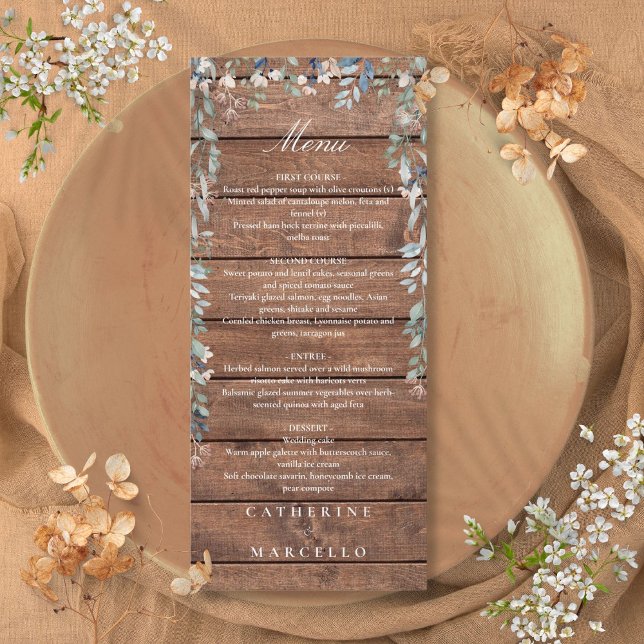 Menu Cascade Floral en Bois Rustique Monogramme Mariage (Rustic Wood Floral Cascade Monogram Wedding Dinner Menu)