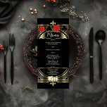 Menu CasinoGold Black Art Déco Roaring Mariage des anné<br><div class="desc">Luxe Gold Black Art Déco Roaring 20's style Mariage design. Il présente un cadre Art Déco avec superposition de feuille d'or, fleur de lis et de diviseur, de magnifiques polices vintages, des costumes de cartes à jouer ; à l'arrière : motif or Art Déco sur arrière - plan noir. Utilisez...</div>