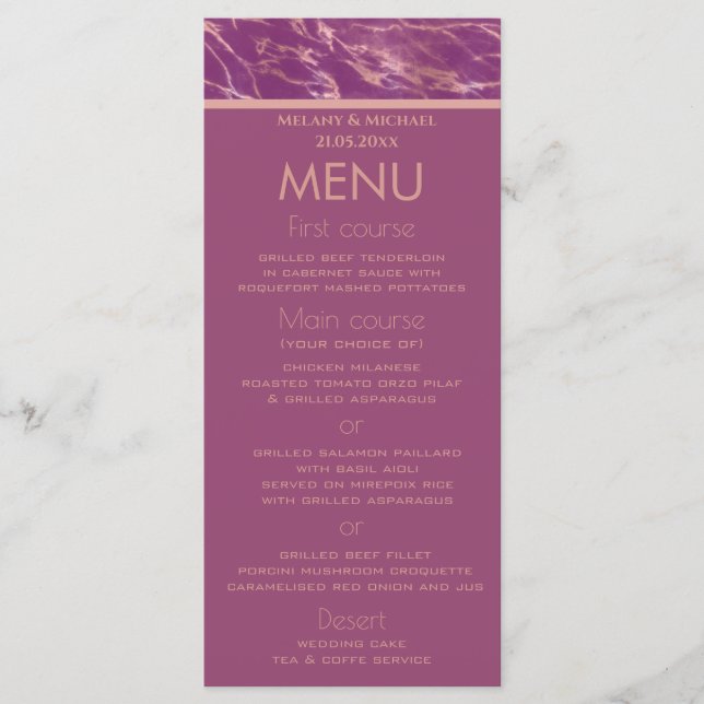 Menu Cassis rose marbre doré romantique design élégant. (Devant)