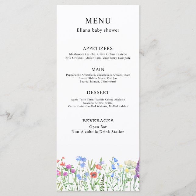 Menu Célébration de Baby Shower Fleur Sauvage Multicolo (Devant)