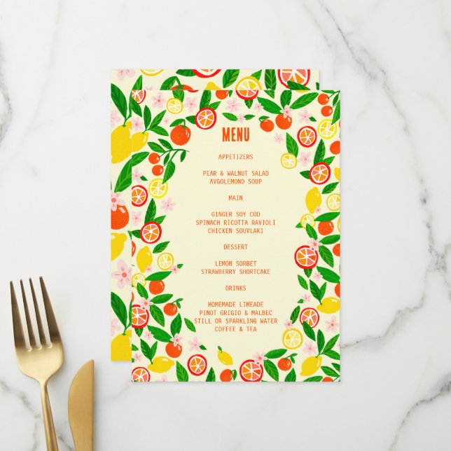 Menu Célébration de Citron Mariage Été Fruit PERSONNALI (Devant/Arrière en situation)