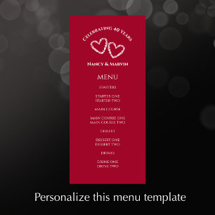 Menu Célébration personnalisée élégante rouge de 40 ans