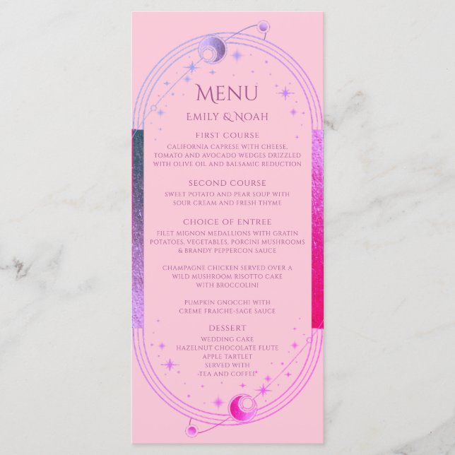 Menu Céleste rose violet soleil Lune étoiles Mariage (Devant)