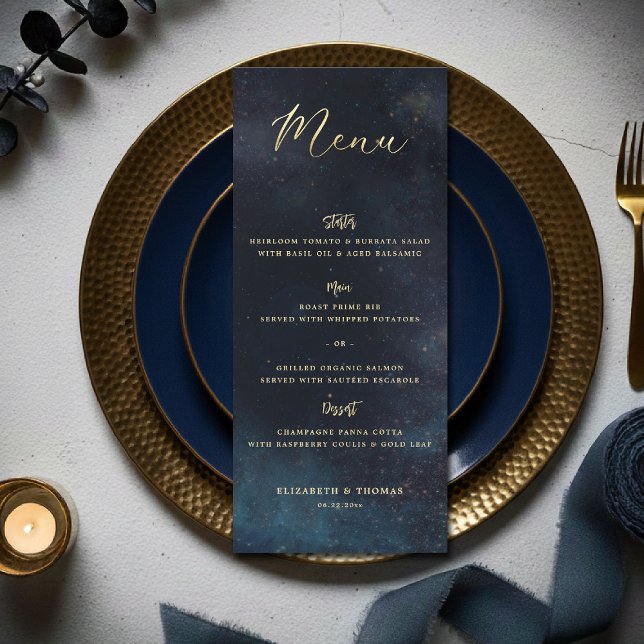 Menu Celestial Galaxy Starry Night Moody Blue Wedding (celestial galaxy wedding menu watercolor moody navy blue starry night written in the stars)