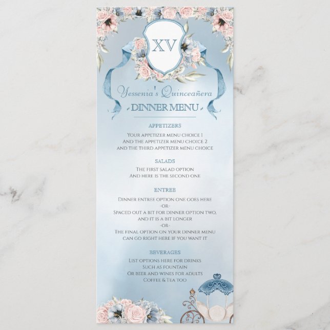 Menu Cendrillon Fairy Tale Elegant Blue Rose Party (Devant)