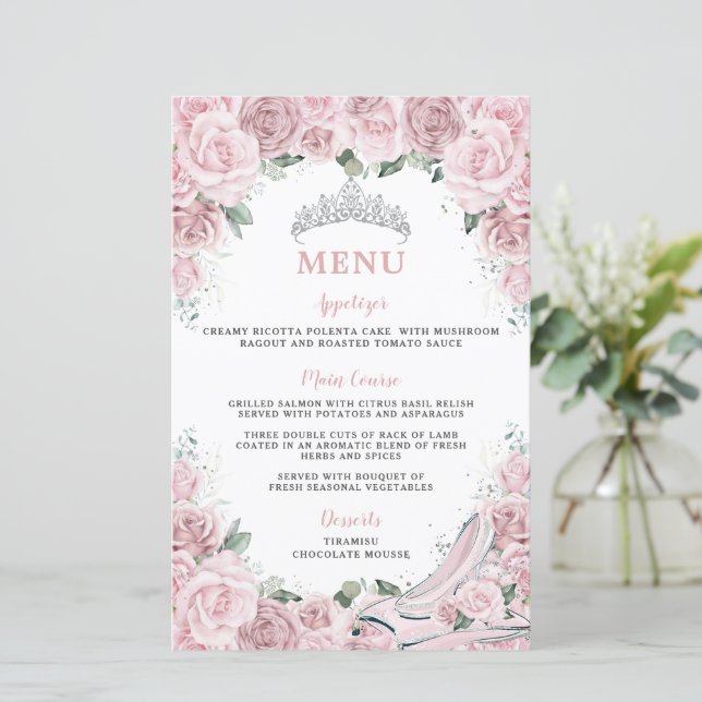 Menu Cendrillon Fleurs Roses Sweet 16 Quinceanera (Debout devant)