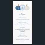 Menu Cérémonie de mariage avec des citrouilles en chino<br><div class="desc">Carte de menu Jarre à gingembre classique avec citrouilles bleues et blanches conçue pour correspondre à mes invitations et à ma papeterie de la même gamme. Les éléments aquarellés ont été peints à la main par moi avant d'être numérisés. Veuillez noter que vous pouvez changer la couleur de contraste au...</div>