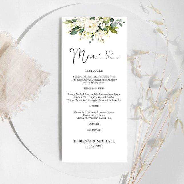 Menu Cérémonie de Mariage Floral Roses blanches (Créateur téléchargé)