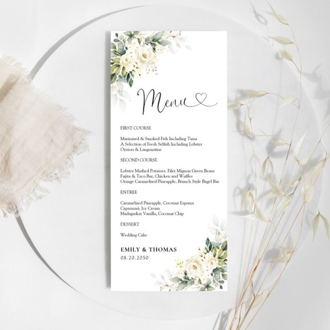 Menu Cérémonie de Mariage Floral Roses blanches (Créateur téléchargé)
