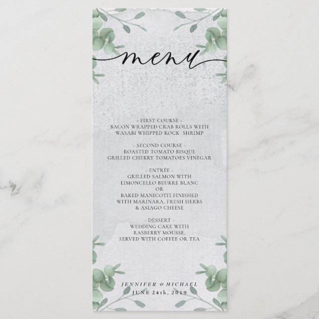 Menu Cérémonie de mariage simple moderne au eucalyptus  (Devant)