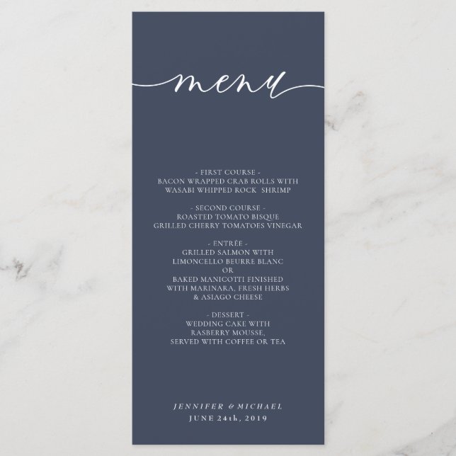 Menu Cérémonie de mariage simple moderne bleu marine Dî (Devant)