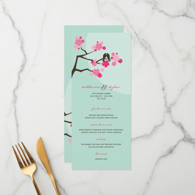 Menu Cerisiers Roses Fleurs de Sakura Amour Oiseaux Mar (Devant/Arrière en situation)