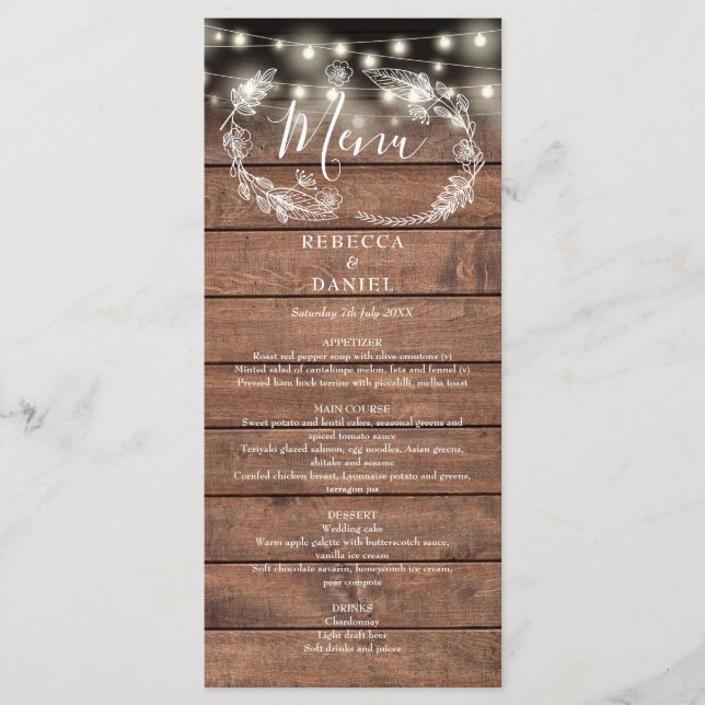 Menu Chaîne éclaire Floral Rustique Mariage bois (Devant)