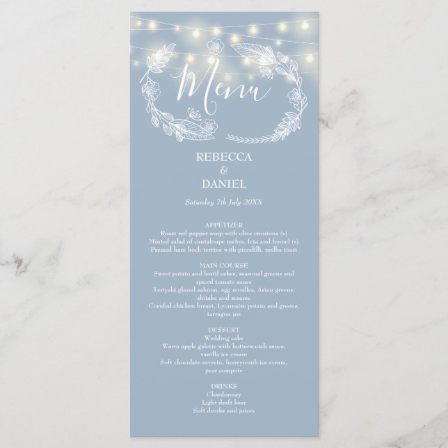Menu Chaîne Lights Floral Dusty Mariage bleu (Devant)