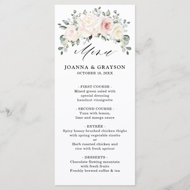 Menu Champagne Ivory Blush rose Floral Mariage (Devant)