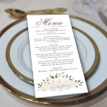 Menu Champagne Pêche Aquarelle Florale Mariage élégant<br><div class="desc">Ce beau menu mariage présente un design boho chic rustique avec un titre de calligraphie script et un ensemble de roses aquarelles peints à la main, des fleurs et de la verdure dans les tons de pêche pâle, ou de champagne blush. Le texte est entièrement personnalisable avec de l'espace pour...</div>