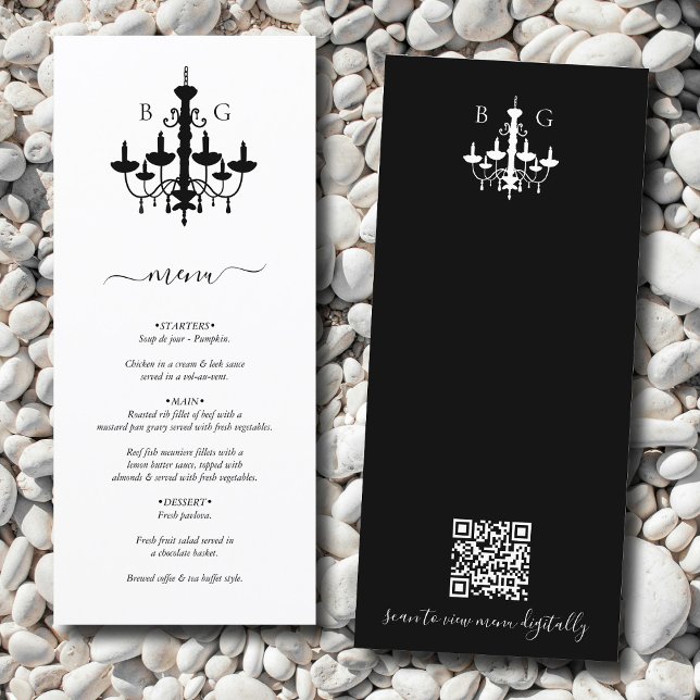 Menu Chandelier noir blanc Mariage QR Code (Black White Chandelier Monogram Wedding QR Code Menu)
