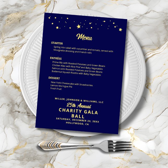 Menu Charity Gala Ball Company Événement Blue Gold Eleg (Charity Gala Ball Company Event Menu in Navy Blue and Gold, Gold Stars, Menu Choices, Event Details.)