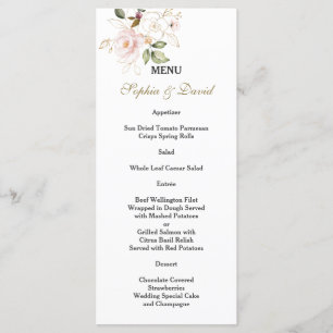 Menu Charm Rose Blush Gold Flowers Monogramme Mariage