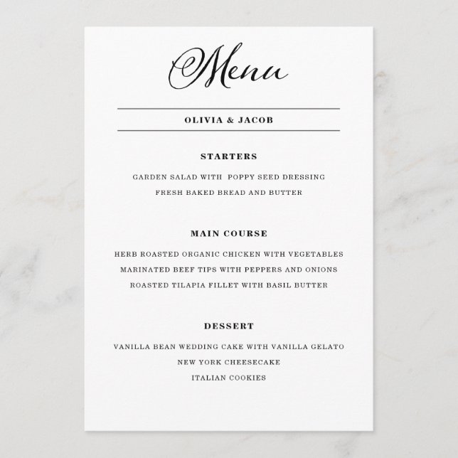 Menu Charme mariage | Calligraphie noir et blanc (Devant)