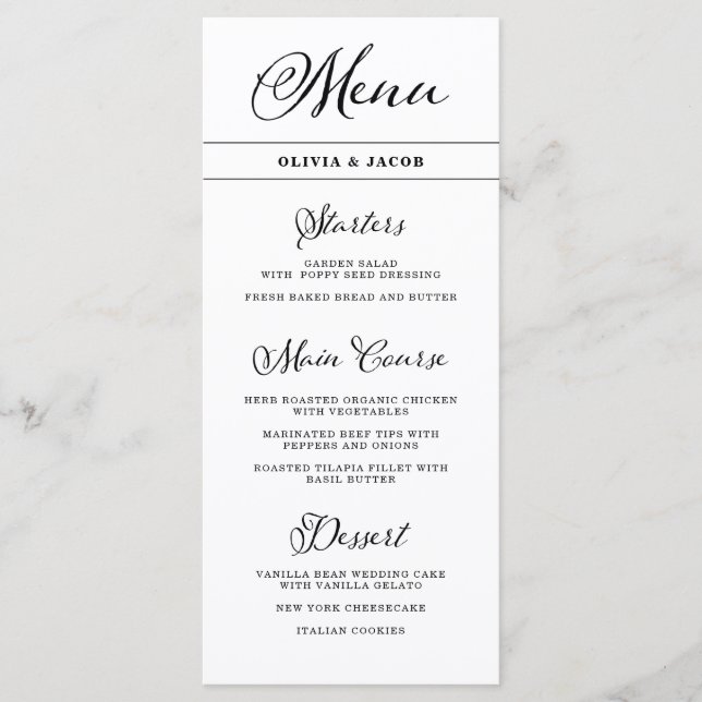 Menu Charme mariage | Calligraphie noir et blanc (Devant)