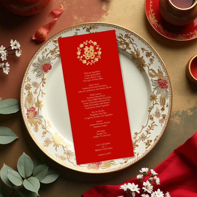 Menu Charming Glitter Floral Chinese Double Happiness (Charming Glitter Effect Floral Chinese Double Happiness Symbol Elegant Menu Cards Design.)