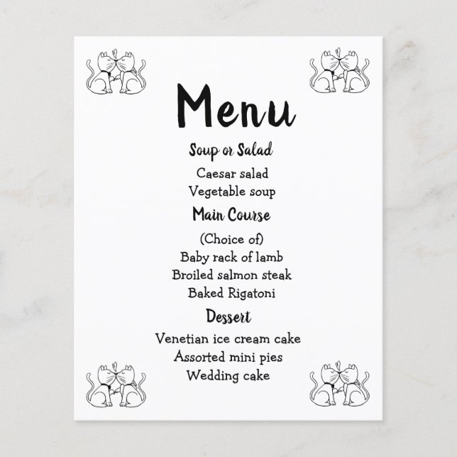 Menu Chats Noir Blanc Mariage Party Kitty Moderne (Devant)