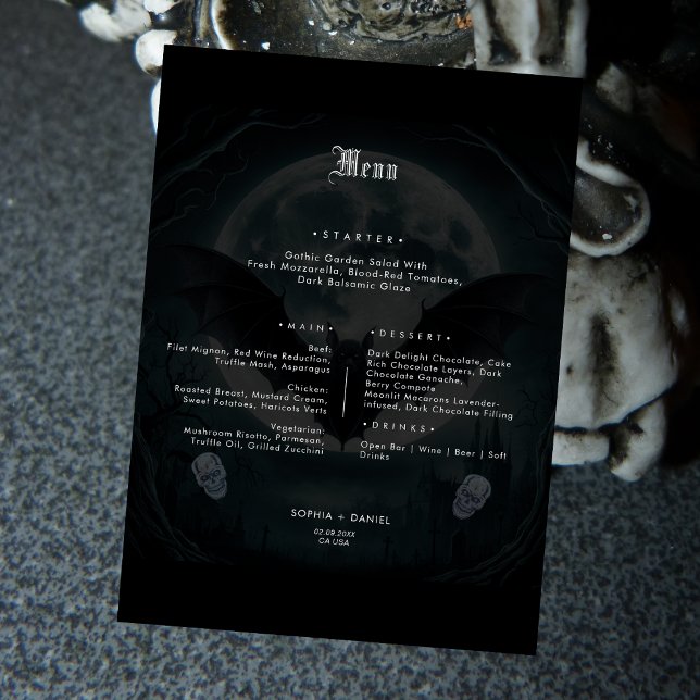 Menu Chauve-souris crâne simple Cuisine Mariage gothiqu (Créateur téléchargé)