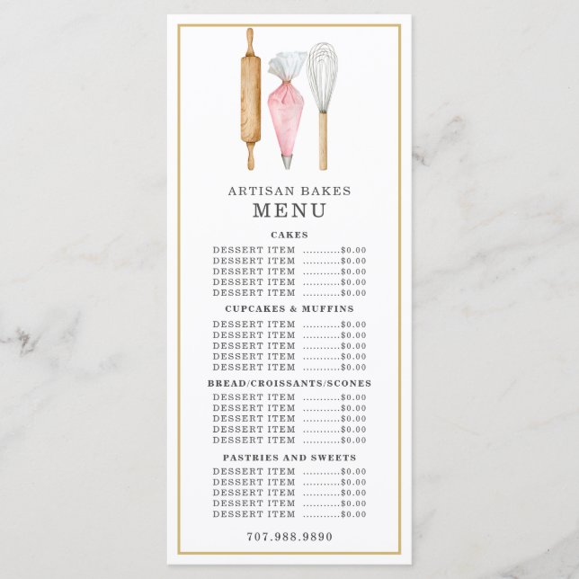 Menu Chef Pâtissier Boulangerie Aquarelle Ustensiles de (Devant)