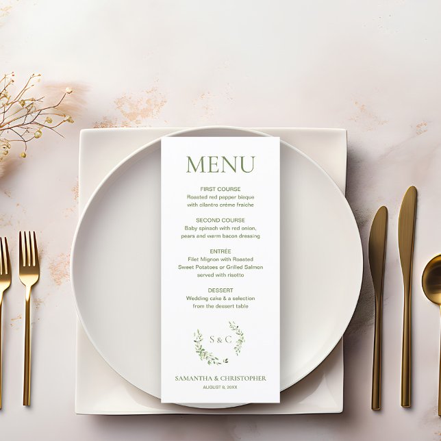 Menu Chic Aquarelle couronne Monogramme mariage crête (Green watercolor leaves wreath wedding menu.)