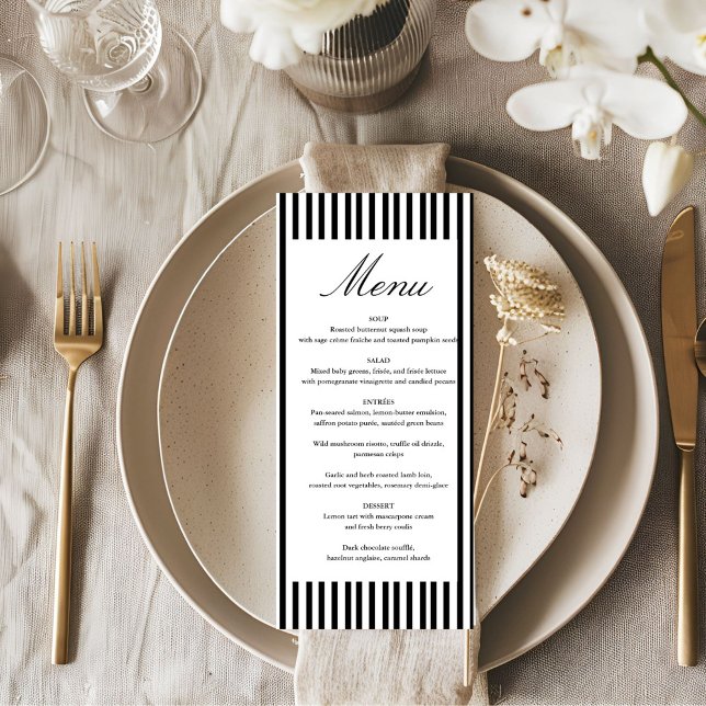 Menu Chic Bow Minimalist Stripe Black White wedding (Créateur téléchargé)