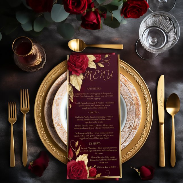 Menu Chic Burgundy et or espagnol Mariage rouge (Chic Elegant Wedding Red Burgundy Gold Menu)