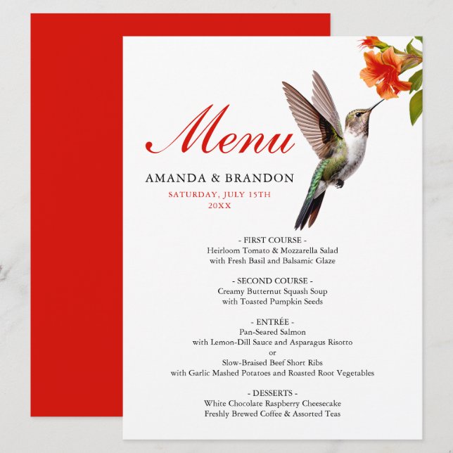 Menu Chic colibri et Mariage de fleurs orange (Devant / Derrière)