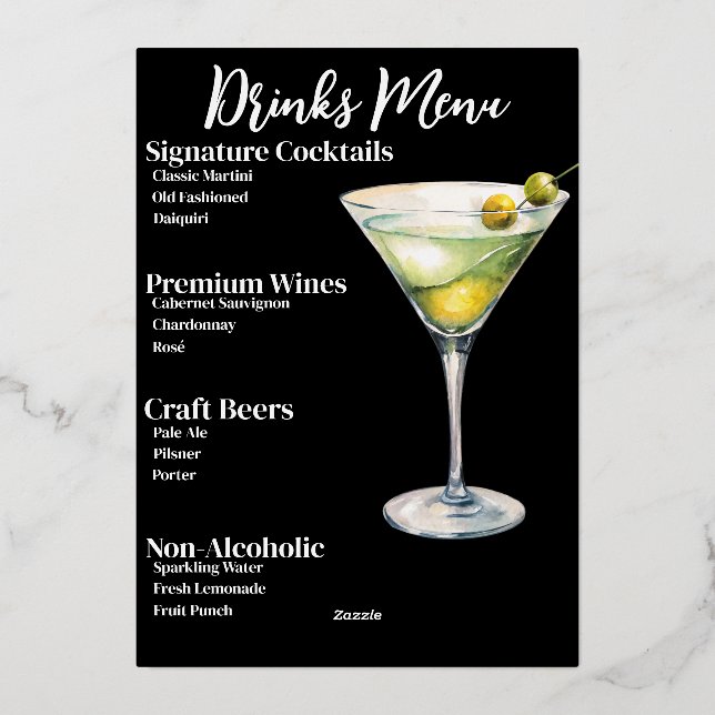 Menu chic de bar pour soirée avec boissons en feui (Verso)