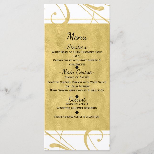 Menu chic de mariage en spirale florale or blanc e (Devant)