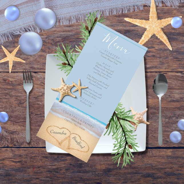 Menu Chic Dusty Blue 2 coeurs sur la plage Mariage (Créateur téléchargé)
