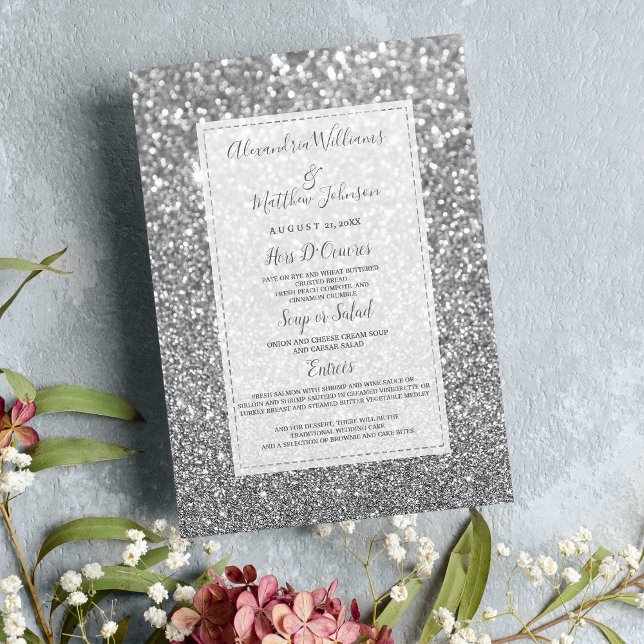 Menu Chic glamour tendance parties scintillant argent M (Chic glamorous trendy silver glitter Wedding Menu)