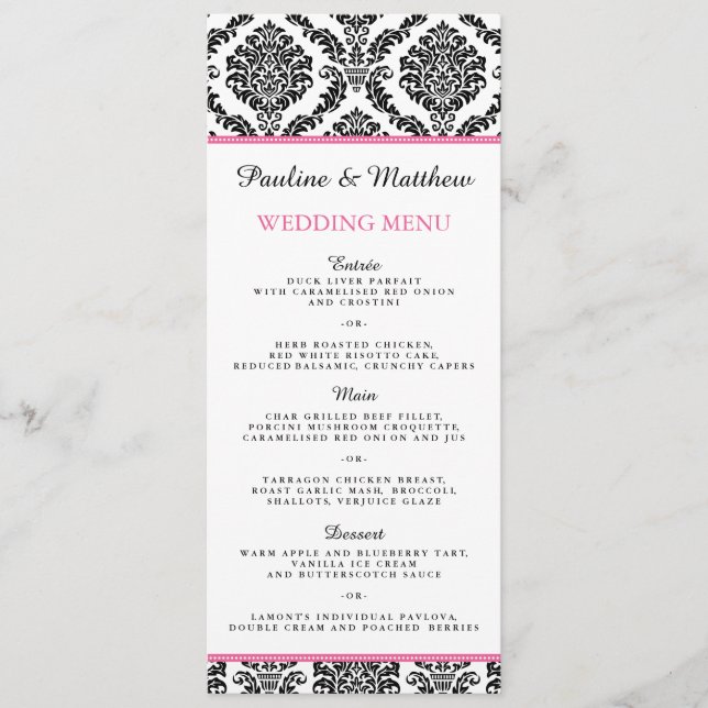 Menu chic Mariage damassé noir et blanc (Devant)
