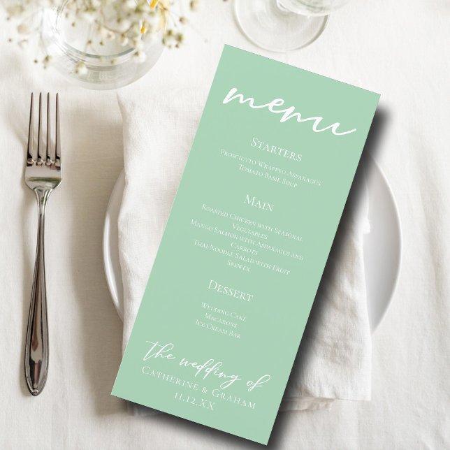 Menu Chic Mint Green Typographie Blanche Dîner Mariage (Créateur téléchargé)
