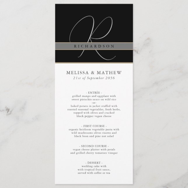 Menu Chic Monogramme Mariage noir noir blanc (Devant)