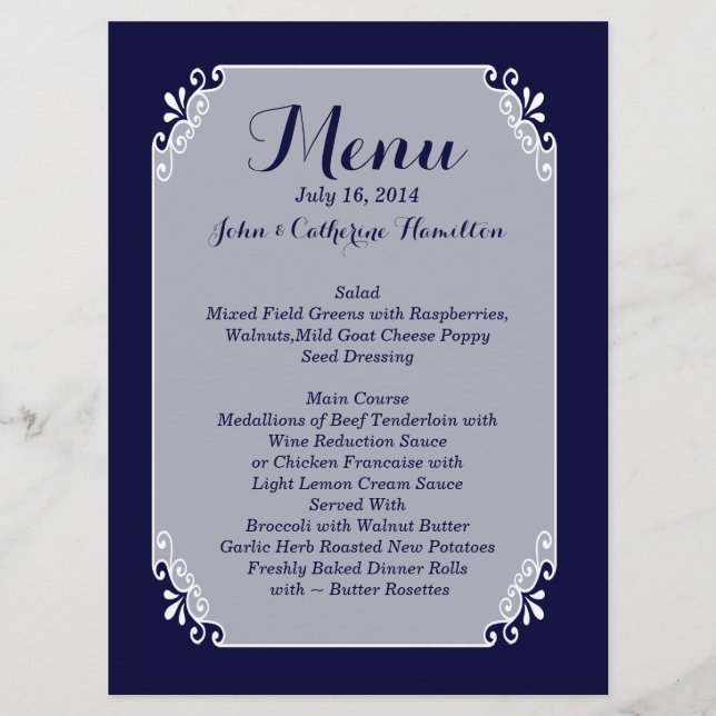 Menu Chic Navy Blue and White Custom Wedding (Devant)
