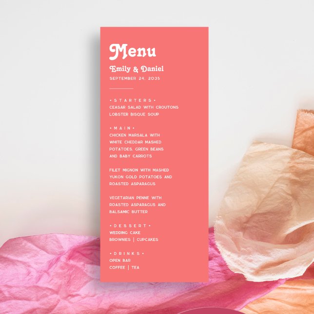 Menu Chic Rétro Été Bright Coral Mariage rose (Créateur téléchargé)