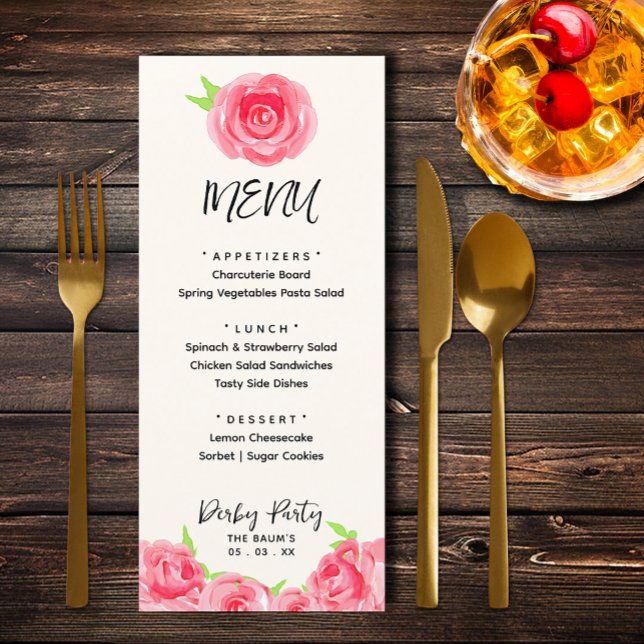 Menu Chic Rose Floral Derby Day Party (Chic watercolor roses floral Derby Day party menus)