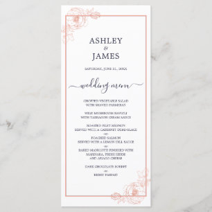 Menu Chic Rose Gold Floral Outline Marine Blue Mariage