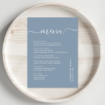 Menu Chic Script Dusty Blue Wedding Réception<br><div class="desc">Menu de réception de mariage bleu et poussiéreux avec "menu" dans un script de calligraphie blanc avec des swashes,  votre menu customisé dans une simple typographie blanche moderne,  vos prénoms unis par un coeur et votre date de réception.</div>