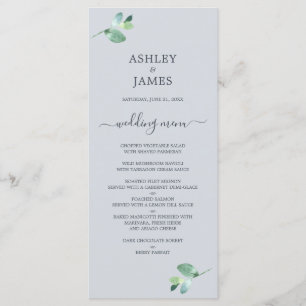 Menu Chic Script Eucalyptus Foliage Pastel Mariage bleu