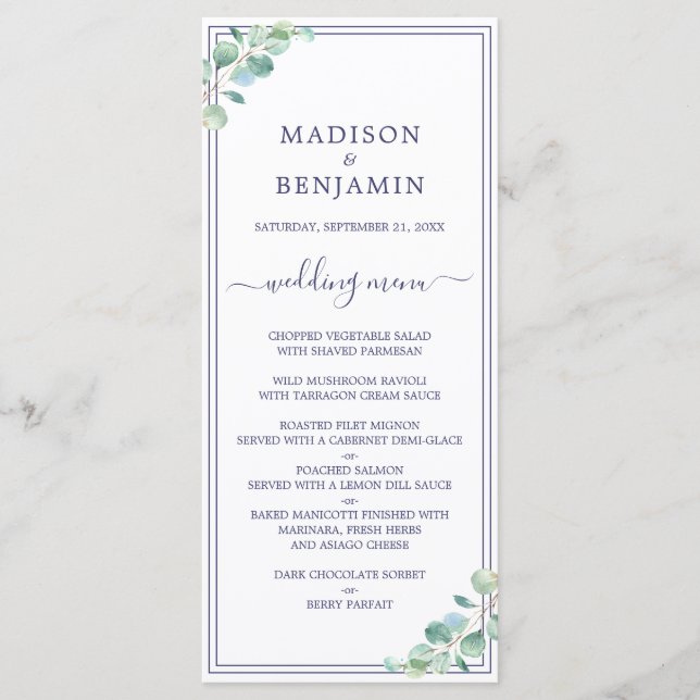 Menu Chic Script Green Foliing Marine Bleu Mariage fron (Devant)