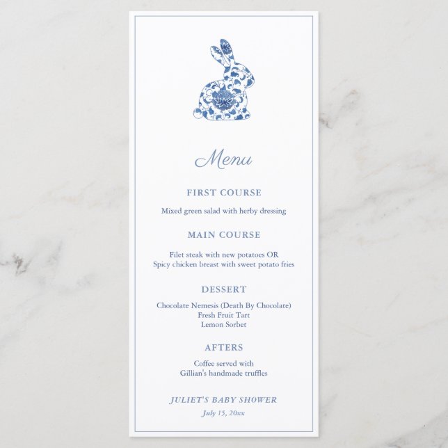 Menu Chinoiserie Bunny Blue Et White Baby shower Party (Devant)